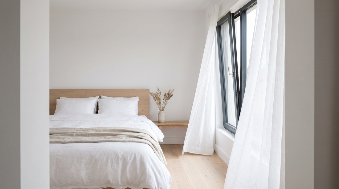 Frisch gelüftetes Schlafzimmer mit gekipptem Fenster gegen muffigen Geruch