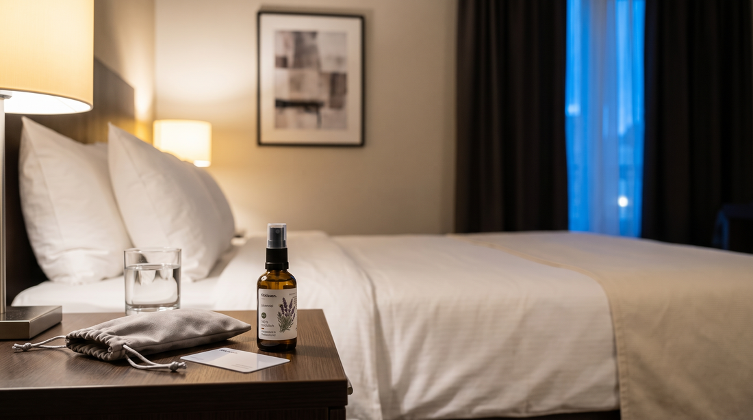 Hotelzimmer bei Nacht mit Kissenspray und Reisebeutel auf dem Nachttisch