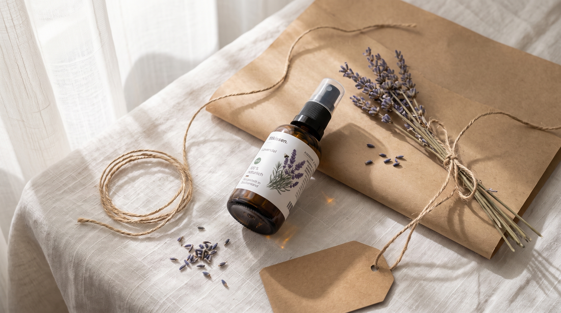 Kissenspray als Geschenk mit Kraftpapier, Juteschnur und getrocknetem Lavendel