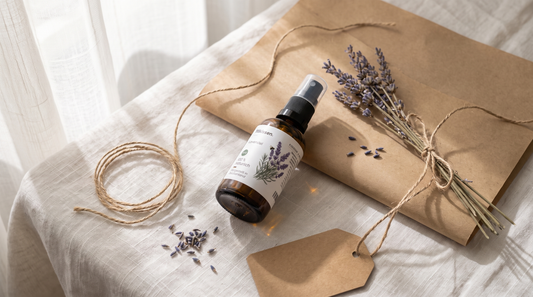 Kissenspray als Geschenk mit Kraftpapier, Juteschnur und getrocknetem Lavendel