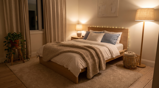 Gemütliches Schlafzimmer mit warmem Licht ohne Bildschirme am Abend