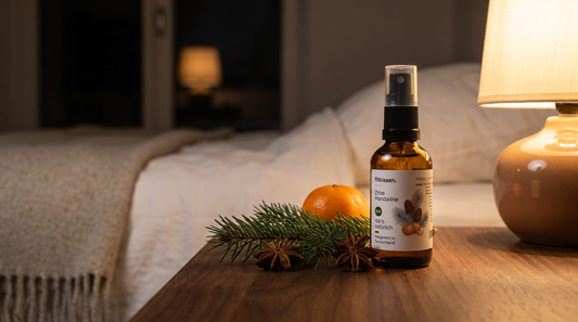 Adventliche Nachttischszene mit Kissenspray, Tannenzweig, Sternanis und Mandarine