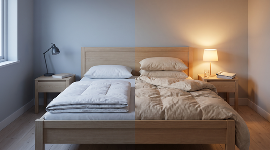 Doppelbett mit zwei unterschiedlichen Seiten: dünne und dicke Decke, flaches und hohes Kissen
