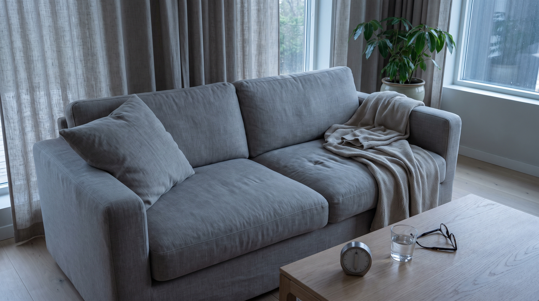 Sofa am Nachmittag mit Decke und Kurzzeitwecker für einen Power Nap