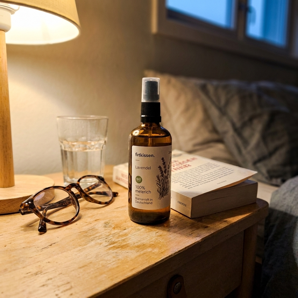 Abendroutine: Kissenspray auf dem Nachttisch neben Buch und Lesebrille