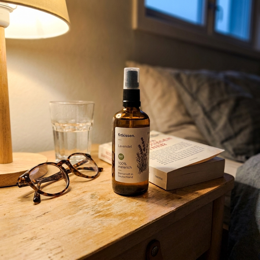 Abendroutine: Kissenspray auf dem Nachttisch neben Buch und Lesebrille