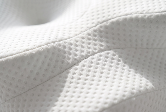 Nahaufnahme der Oberfläche eines Memory-Foam-Kissens mit feiner Struktur