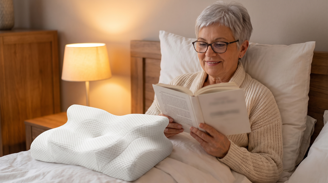 Ältere Frau liest im Bett, aufgestützt auf einem Kissen