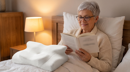 Ältere Frau liest im Bett, aufgestützt auf einem Kissen