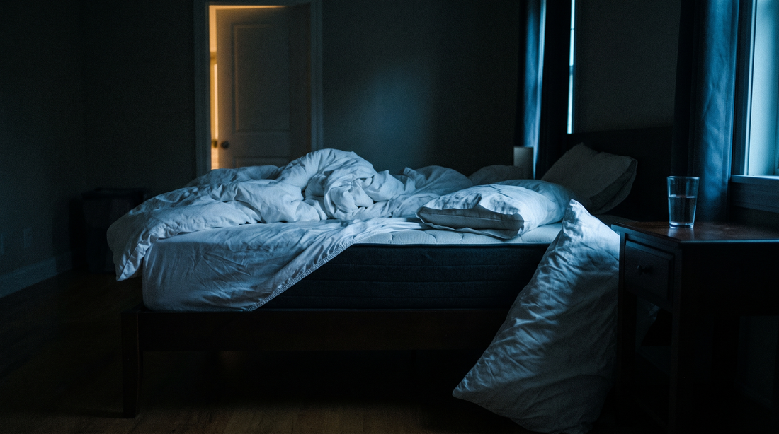 Zerwühltes Bett nach einer unruhigen Nacht mit neuem Kissen