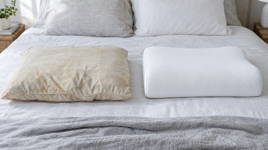 Altes plattes Kopfkissen neben neuem Memory-Foam-Kissen