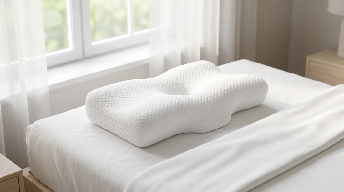 Memory-Foam-Kissen auf dem Bett am Fenster