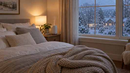 Gemütliches Schlafzimmer im Winter mit verschneitem Fenster
