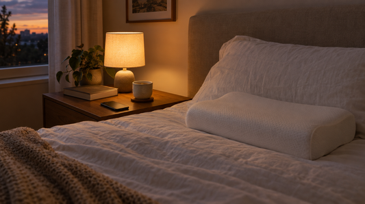 Ruhiges Schlafzimmer am Abend mit gedimmter Lampe, Buch und Tee