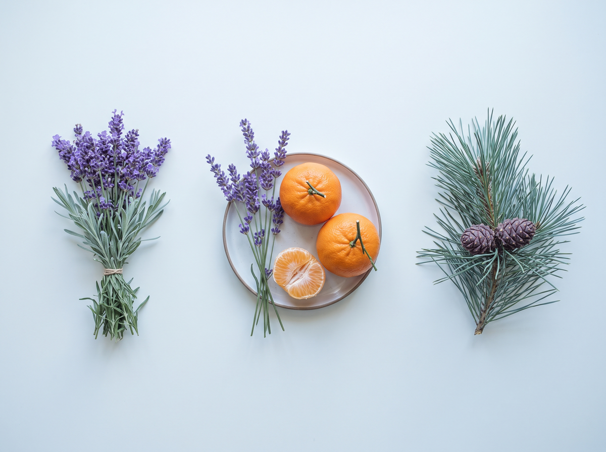 Lavendel, Mandarinen und Zirbenzapfen als Flatlay