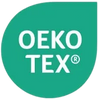 Grünes OEKO TEX Logo mit weißer Aufschrift in einem runden türkisgrünen Siegel auf dunklem Hintergrund