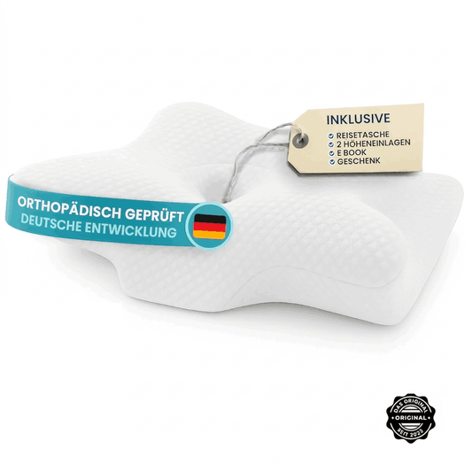 fitkissen® Orthopädisches 4D Kopfkissen in Weiß mit Hinweis auf orthopädische Prüfung und deutsche Entwicklung auf weißem Hintergrund